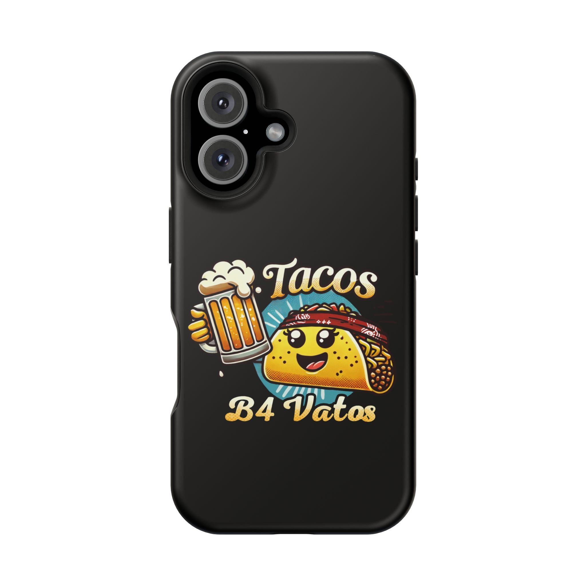 Black iPhone 16 magnetic phone case featuring a playful 'Tacos B4 Vatos' design with a cheerful taco character holding a frothy beer mug. Perfect for taco lovers who want a fun and unique phone accessory.