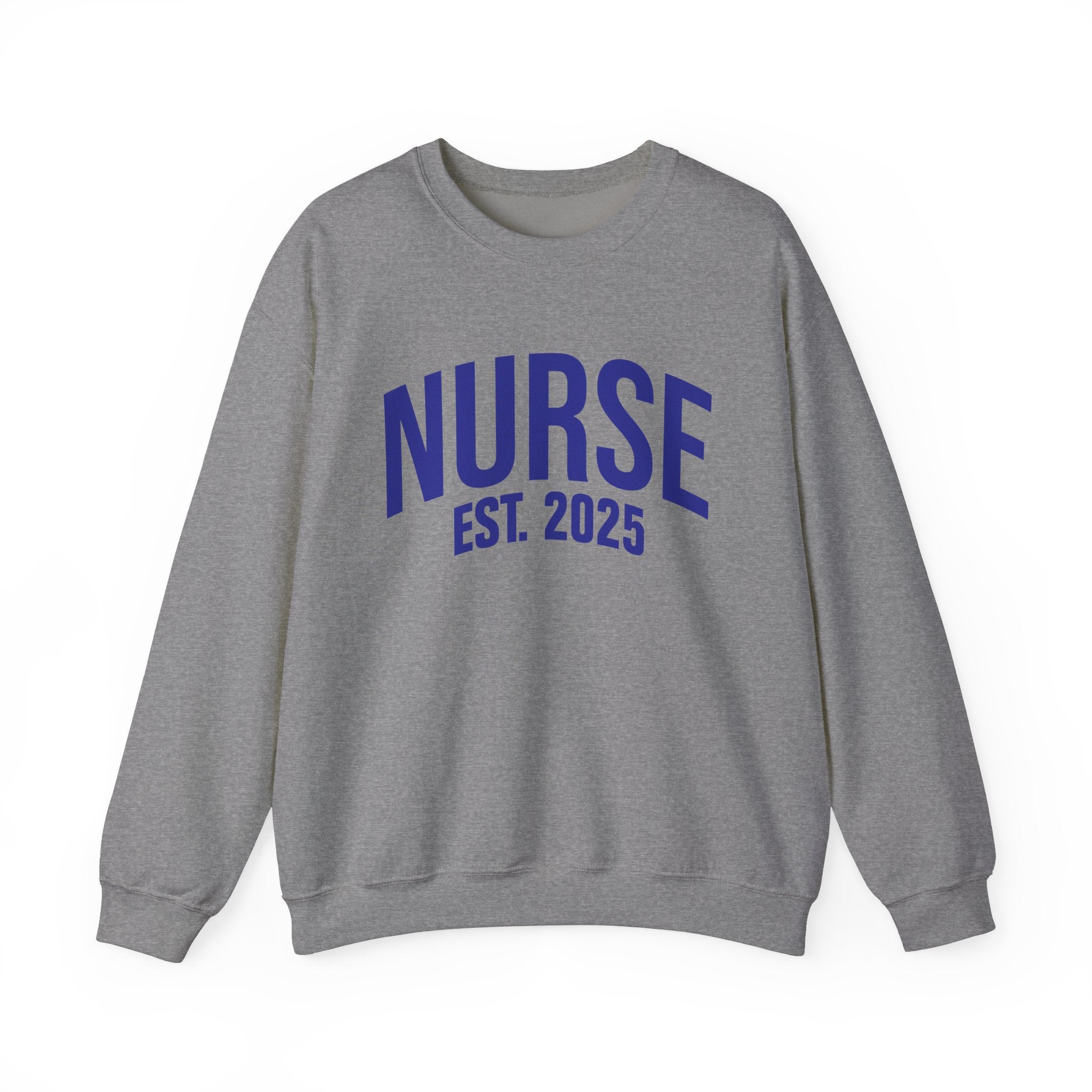 A  sport grey sweatshirt with bold blue text reading "NURSE EST. 2025." He stands confidently against a plain white background, smiling slightly. The sweatshirt design highlights the keyphrase "Nurse Est. 2025," making it a stylish and comfortable option for nursing students, graduates, or future nurses.