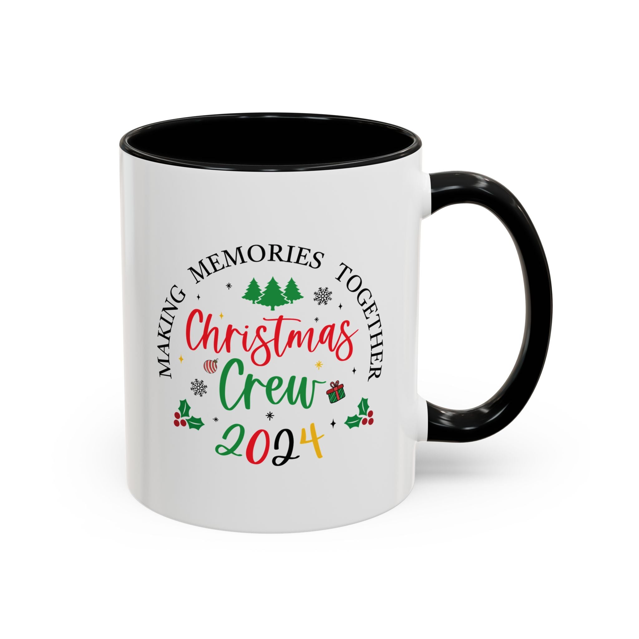 A white Festive Christmas Coffee Cup featuring a colorful "Christmas Crew 2024" design. The text reads "Making Memories Together" with holiday-themed icons, including Christmas trees, snowflakes, holly, and a small gift box. This cheerful cup is perfect for spreading holiday cheer and enjoying warm drinks during the festive season.