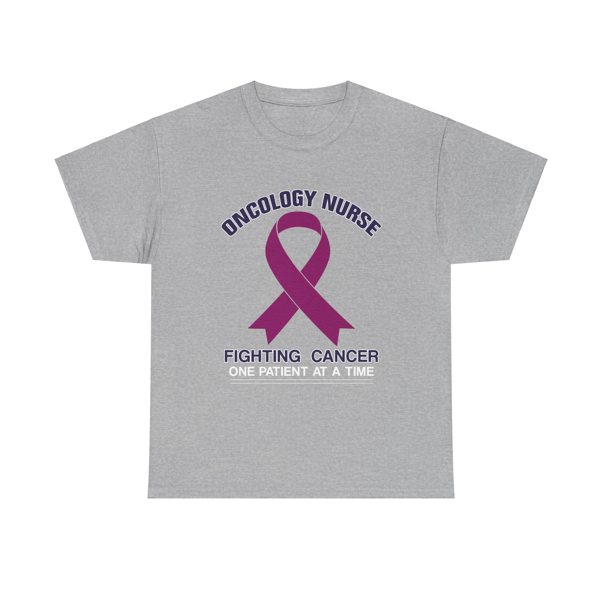 Close-up of a  slate greyt-shirt with the words 'Oncology Nurse' and 'Fighting Cancer One Patient at a Time' alongside a purple cancer ribbon. This design is part of the oncology nurse t-shirt designs collection, symbolizing strength and dedication to patient care.