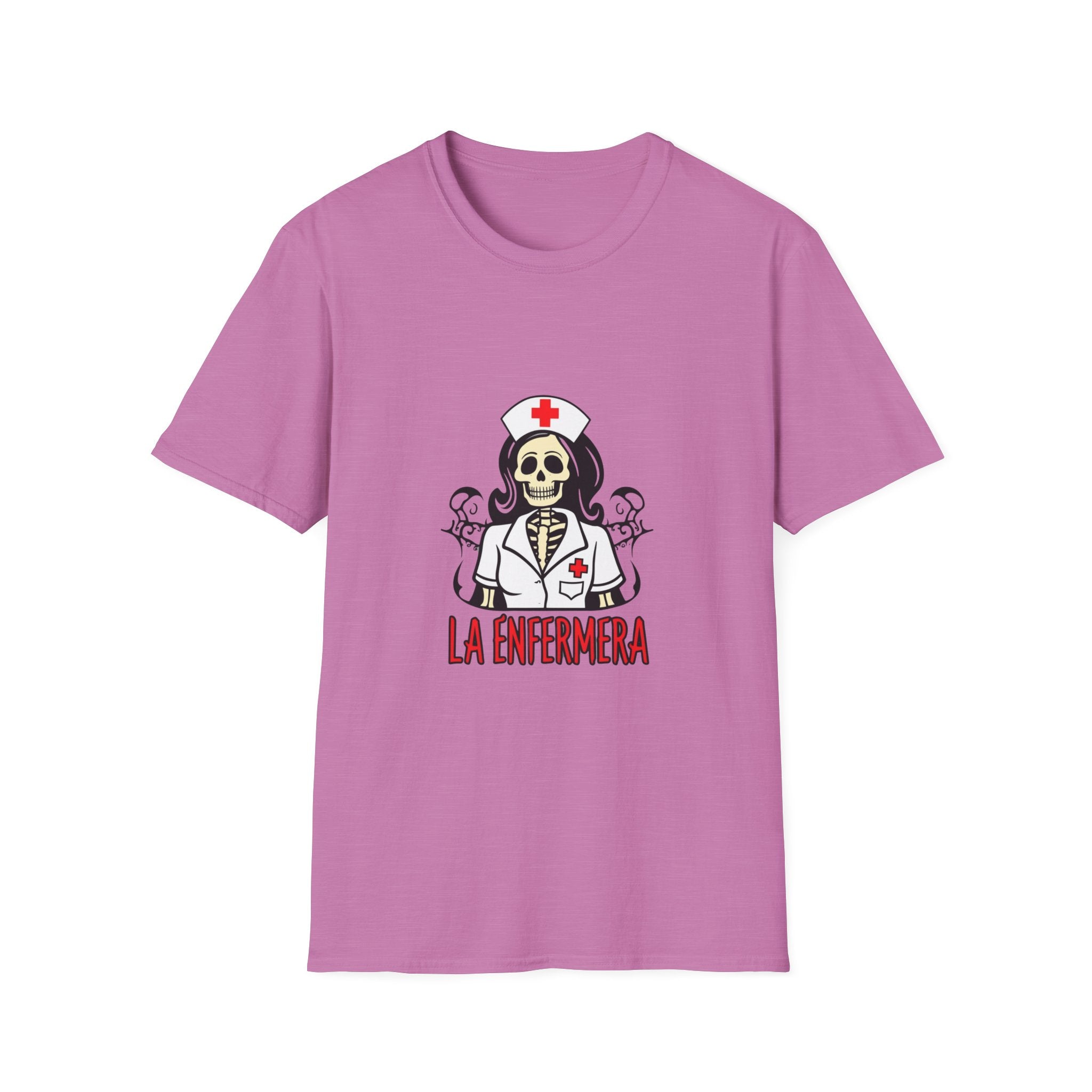 Illustration of a "La Enfermera Loteria Shirt" featuring a skeleton nurse in a white nurse's uniform with a red cross on the cap and chest. The design resembles a traditional loteria card with the text "La Enfermera" in bold red letters, perfect for Día de los Muertos and healthcare themes.