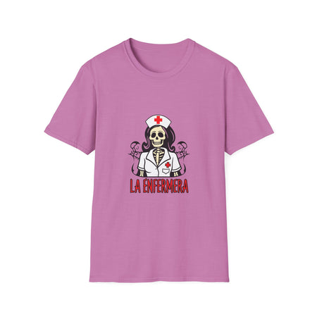 Illustration of a "La Enfermera Loteria Shirt" featuring a skeleton nurse in a white nurse's uniform with a red cross on the cap and chest. The design resembles a traditional loteria card with the text "La Enfermera" in bold red letters, perfect for Día de los Muertos and healthcare themes.