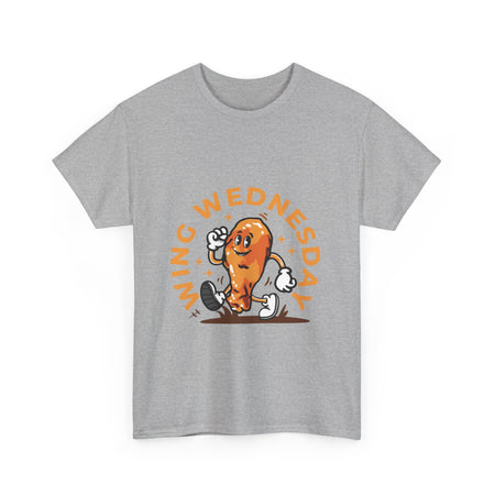 T-shirt featuring a fun 'Wing Wednesday' design with a cartoon-style chicken wing character in motion. Perfect for food lovers and those who enjoy celebrating Wing Wednesday in style.