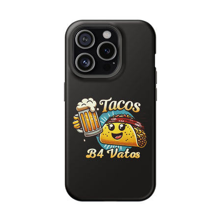 iPhone 16 magnetic phone case featuring a playful 'Tacos B4 Vatos' design with a cheerful taco character holding a frothy beer mug. Perfect for taco lovers who want a fun and unique phone accessory.