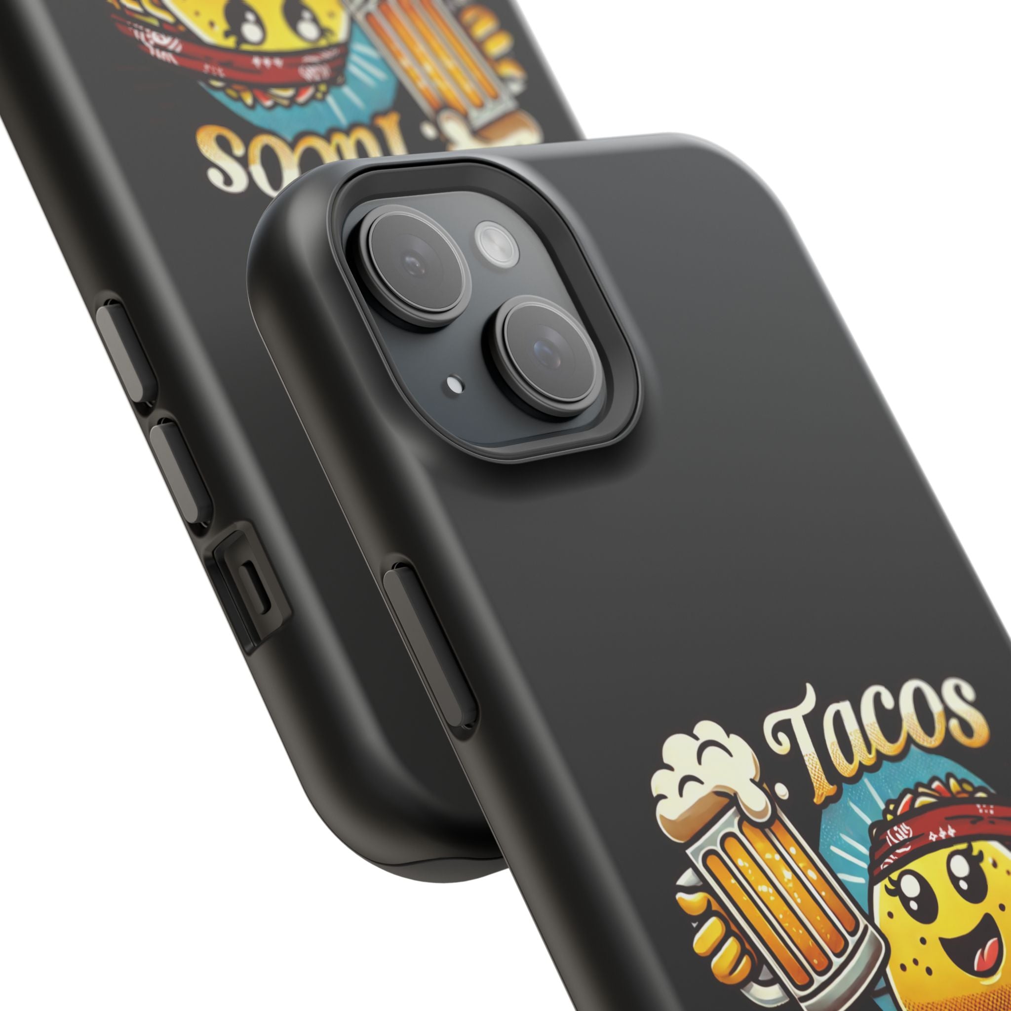 Black iPhone 16 magnetic phone case featuring a playful 'Tacos B4 Vatos' design with a cheerful taco character holding a frothy beer mug. Perfect for taco lovers who want a fun and unique phone accessory.