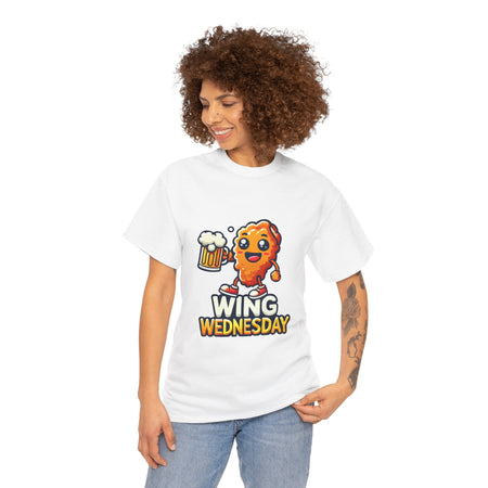 White 'Wing Wednesday' t-shirt featuring a cheerful, cartoon-style chicken wing character holding a beer mug. Perfect for those who love celebrating Wing Wednesday with a fun and playful design.