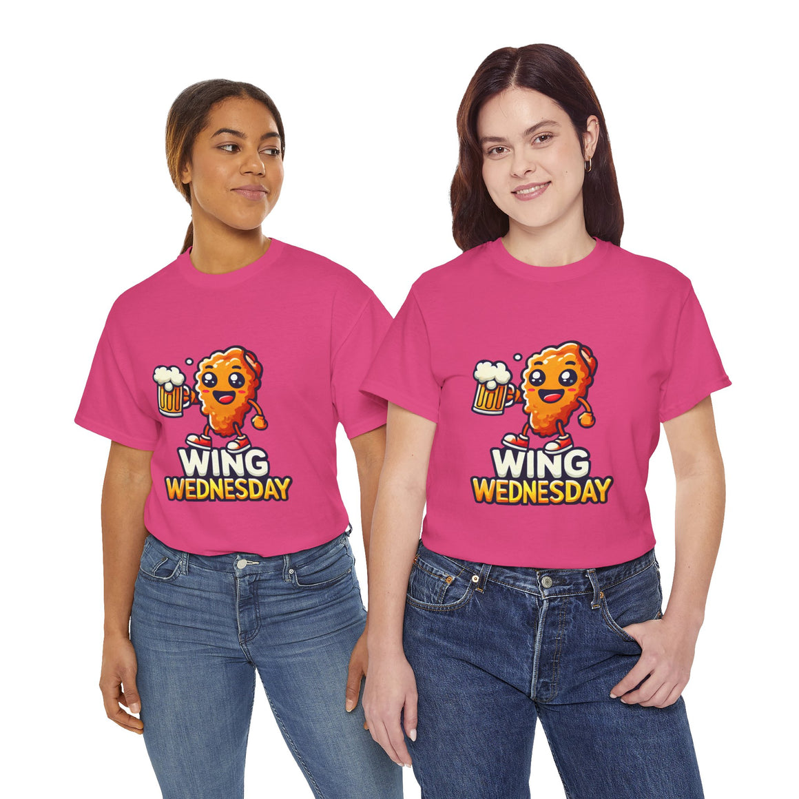 Hot Pink Wing Wednesday' t-shirt featuring a cheerful, cartoon-style chicken wing character holding a beer mug. Perfect for those who love celebrating Wing Wednesday with a fun and playful design.