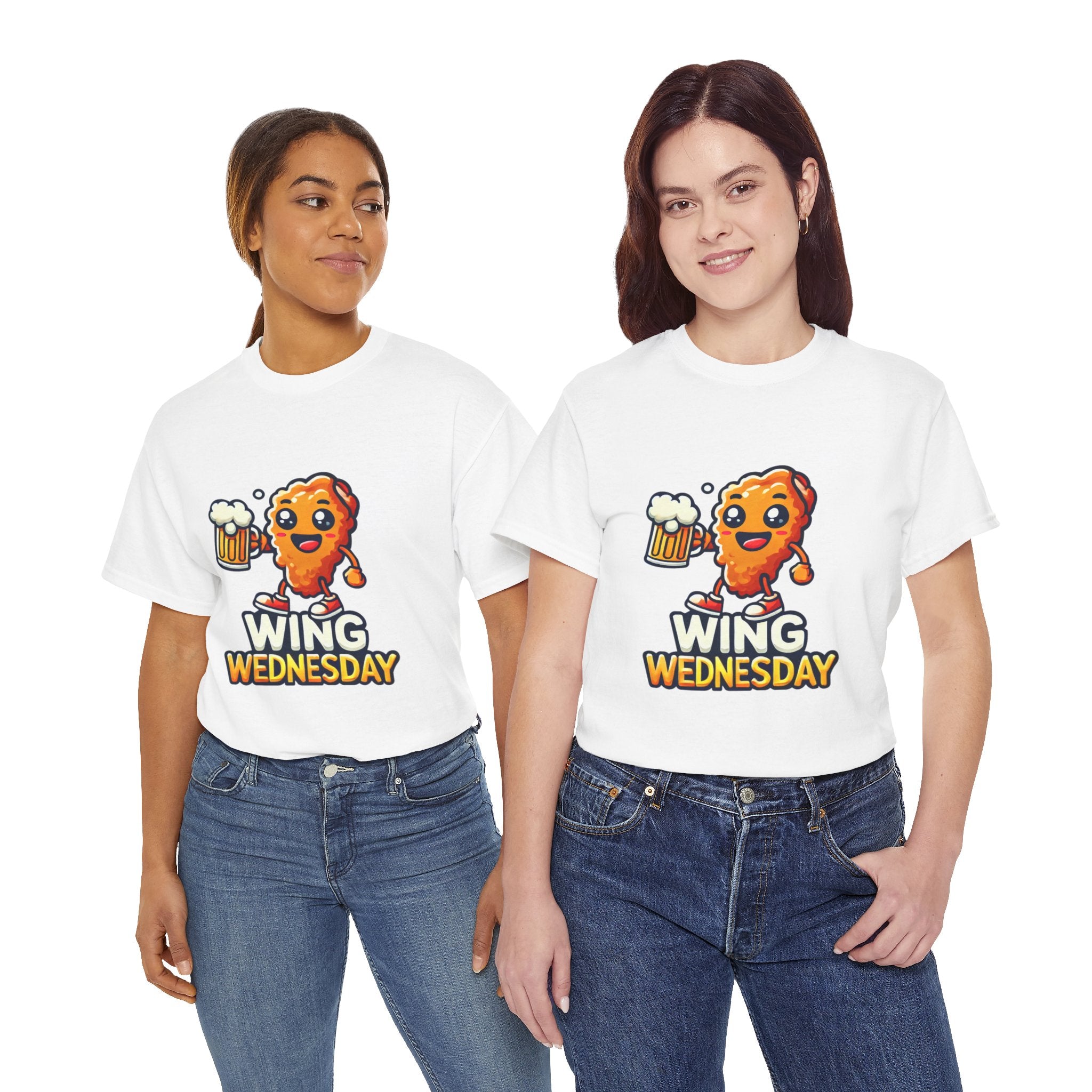 White 'Wing Wednesday' t-shirt featuring a cheerful, cartoon-style chicken wing character holding a beer mug. Perfect for those who love celebrating Wing Wednesday with a fun and playful design.