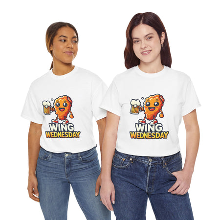 White 'Wing Wednesday' t-shirt featuring a cheerful, cartoon-style chicken wing character holding a beer mug. Perfect for those who love celebrating Wing Wednesday with a fun and playful design.