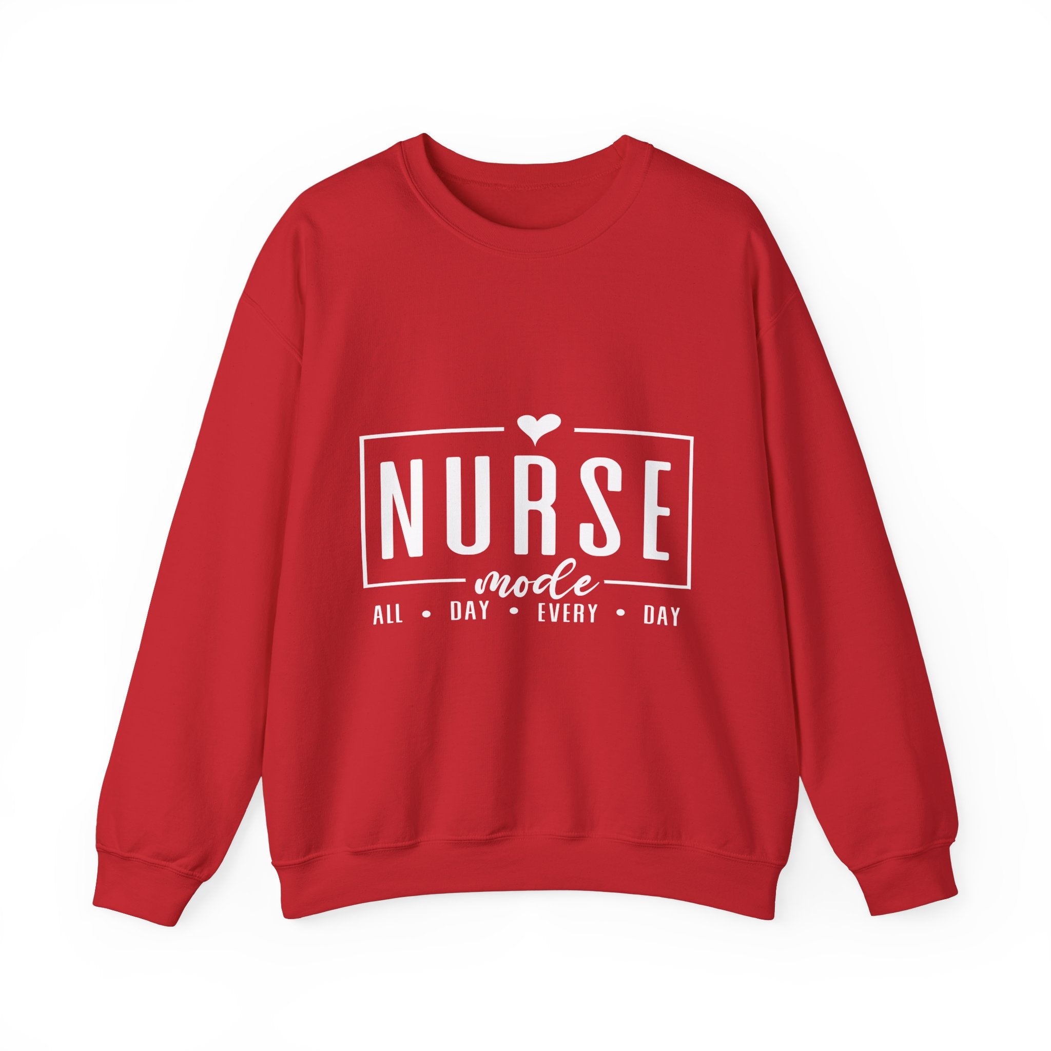 Woman wearing a red sweatshirt with 'Nurse Mode All Day Every Day' printed in white text,  and hands on her waistband. Stylish design perfect for Nurses Week Custom Shirt Suggestions.