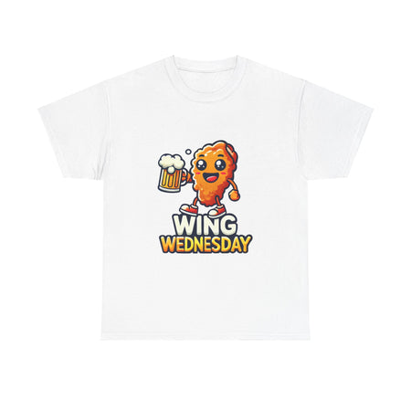 Wing Wednesday' t-shirt featuring a cheerful, cartoon-style chicken wing character holding a beer mug. Perfect for those who love celebrating Wing Wednesday with a fun and playful design.