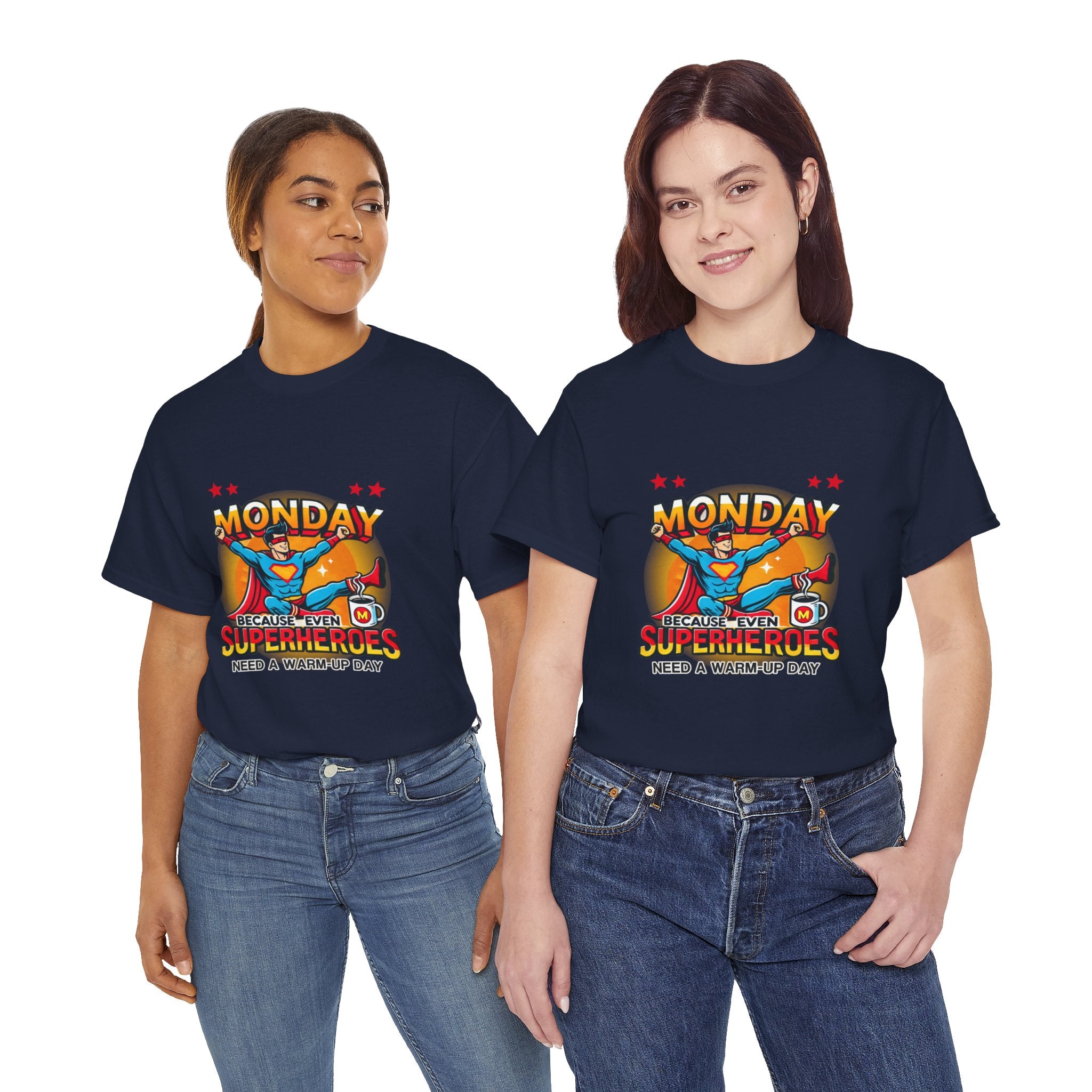 Two Ladies wearing Royal Blue t-shirts with a humorous design featuring a superhero and the text 'Monday - Because Even Superheroes Need a Warm-Up Day.' A playful option in funny t-shirts for adults.