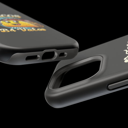 Black iPhone 16 magnetic phone case featuring a playful 'Tacos B4 Vatos' design with a cheerful taco character holding a frothy beer mug. Perfect for taco lovers who want a fun and unique phone accessory.