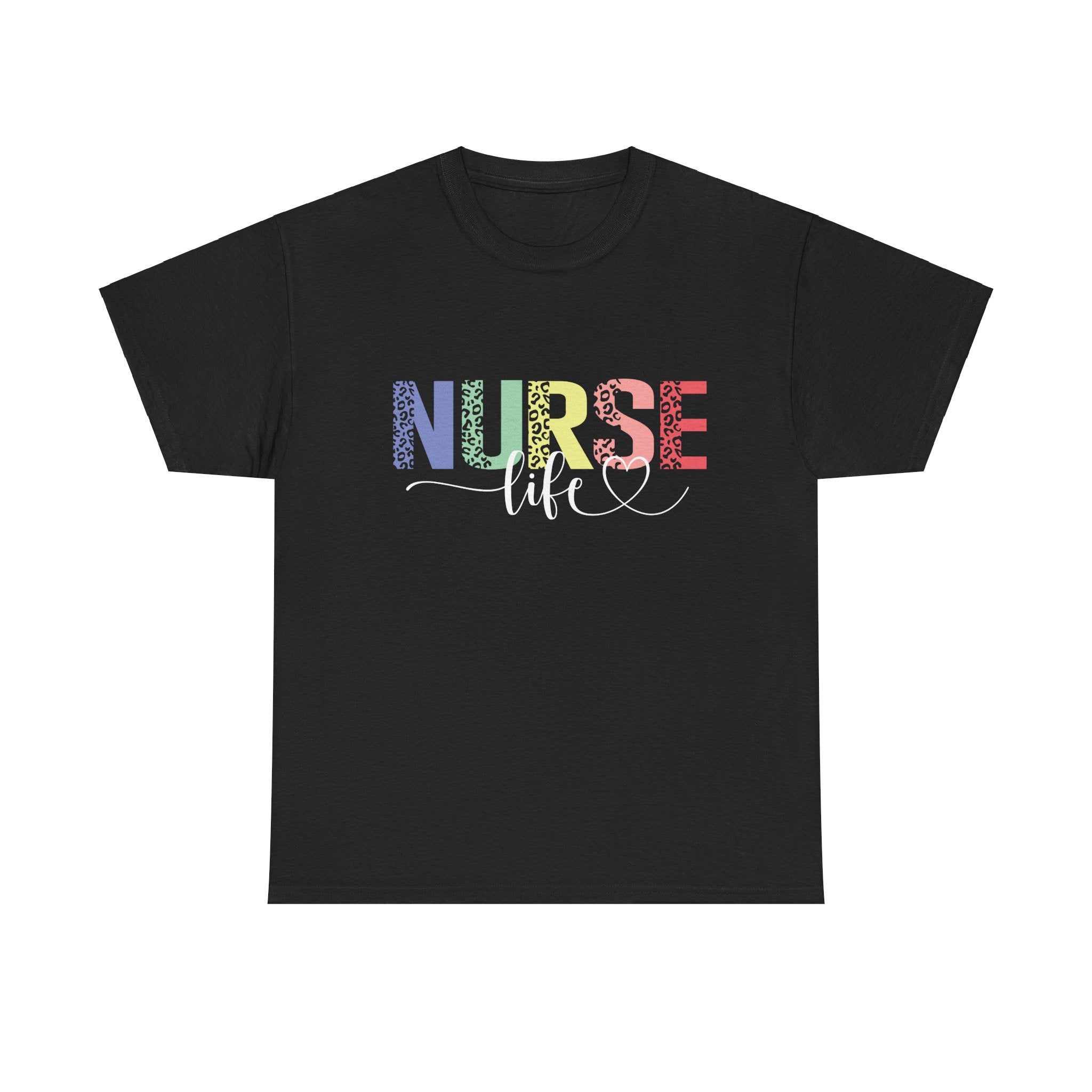 A black t-shirt with a colorful 'Nurse Life' design, showcasing nurse life t-shirt nurse week ideas for a stylish and professional look.