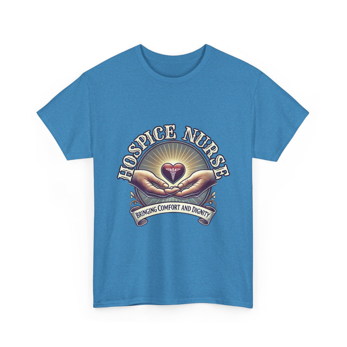 Hospice nurse t-shirt featuring a compassionate design with hands holding a heart and the phrase 'Bringing Comfort and Dignity,' symbolizing the care and support provided by hospice nurses. Ideal for hospice nurses who are dedicated to their mission.