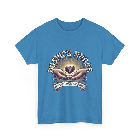 Hospice nurse t-shirt featuring a compassionate design with hands holding a heart and the phrase 'Bringing Comfort and Dignity,' symbolizing the care and support provided by hospice nurses. Ideal for hospice nurses who are dedicated to their mission.