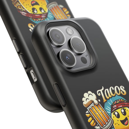 Black iPhone 16 magnetic phone case featuring a playful 'Tacos B4 Vatos' design with a cheerful taco character holding a frothy beer mug. Perfect for taco lovers who want a fun and unique phone accessory.