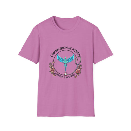 Pink Hospice nurse t-shirt featuring the phrase 'Compassion in Action' with a medical caduceus symbol, flowers, and stethoscope graphic. Ideal for hospice nurses who bring compassion and care to their work.