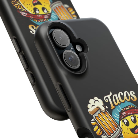 Black iPhone 16 magnetic phone case featuring a playful 'Tacos B4 Vatos' design with a cheerful taco character holding a frothy beer mug. Perfect for taco lovers who want a fun and unique phone accessory.