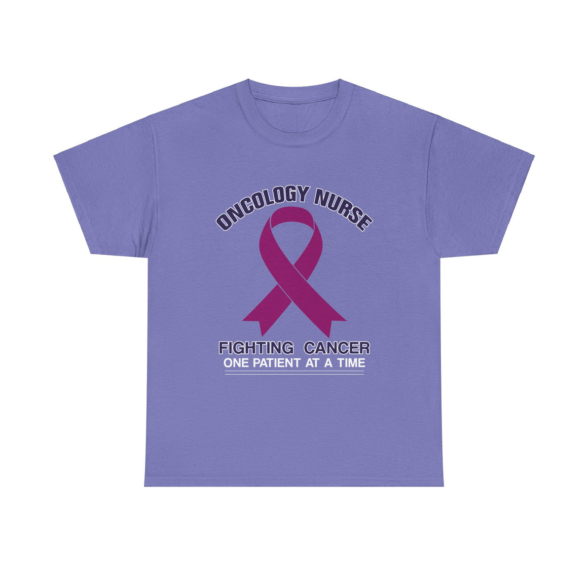 A Light Purple t-shirt with the design 'Oncology Nurse - Fighting Cancer One Patient at a Time' featuring a purple cancer ribbon, part of the oncology nurse t-shirt designs collection, symbolizing strength and commitment in cancer care.