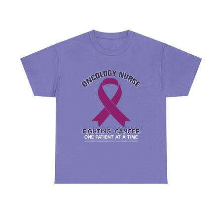 A Light Purple t-shirt with the design 'Oncology Nurse - Fighting Cancer One Patient at a Time' featuring a purple cancer ribbon, part of the oncology nurse t-shirt designs collection, symbolizing strength and commitment in cancer care.