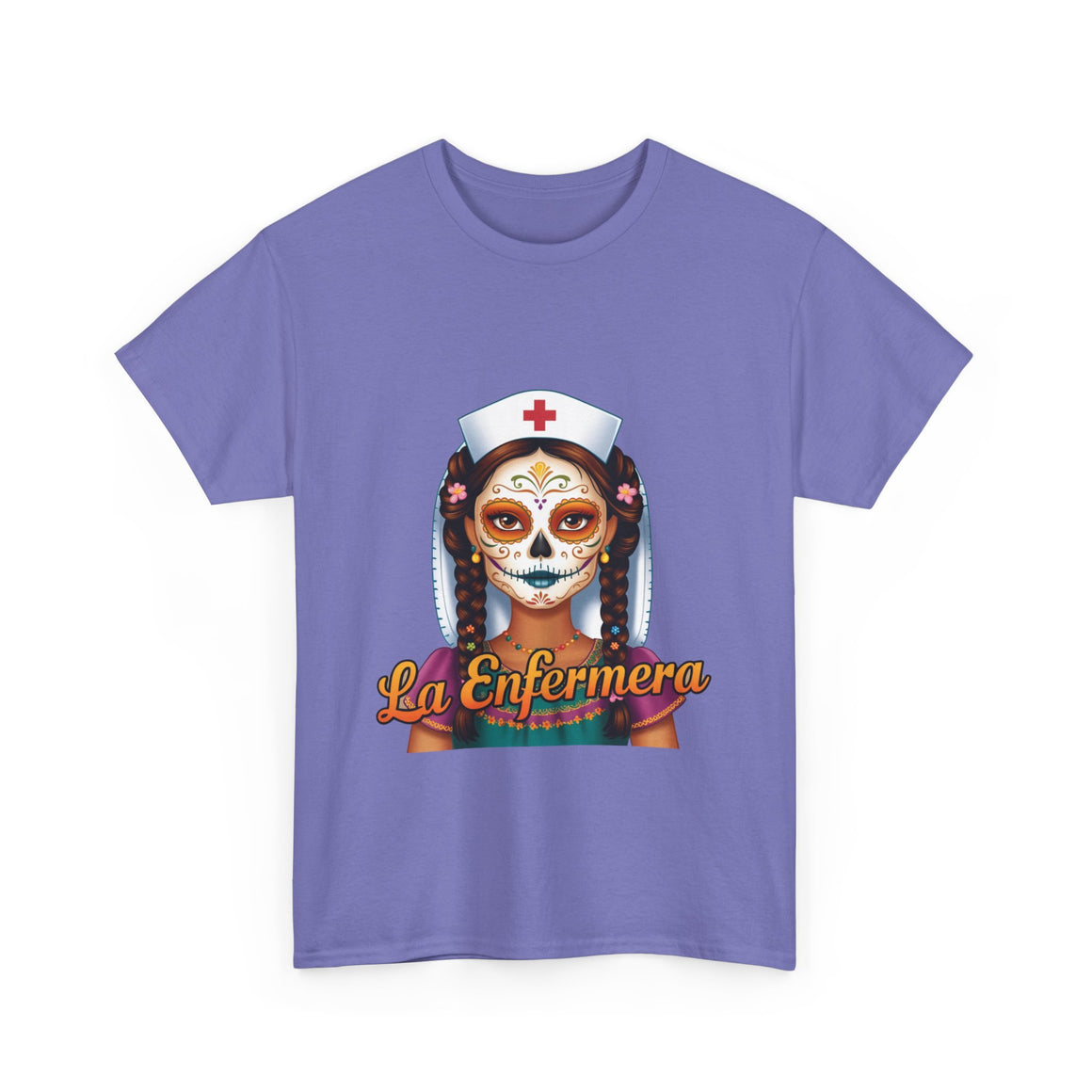 A picture of a nurse wearing a t shirt with a graphic of the day of the dead nurse on the front and it reads La Enfermera