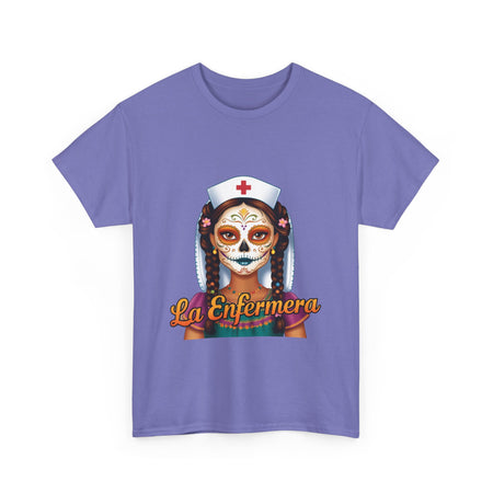 A picture of a nurse wearing a t shirt with a graphic of the day of the dead nurse on the front and it reads La Enfermera