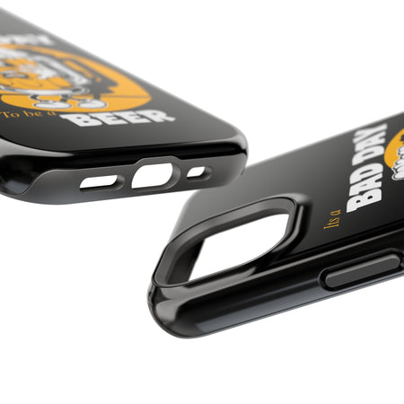 It's a Bad Day to Be a Beer Magnetic Tough Phone Case - Black case with humorous beer character design. Dual-layer protection with polycarbonate shell and flexible TPU lining. Compatible with MagSafe® accessories. Fun, durable phone case for beer lovers.