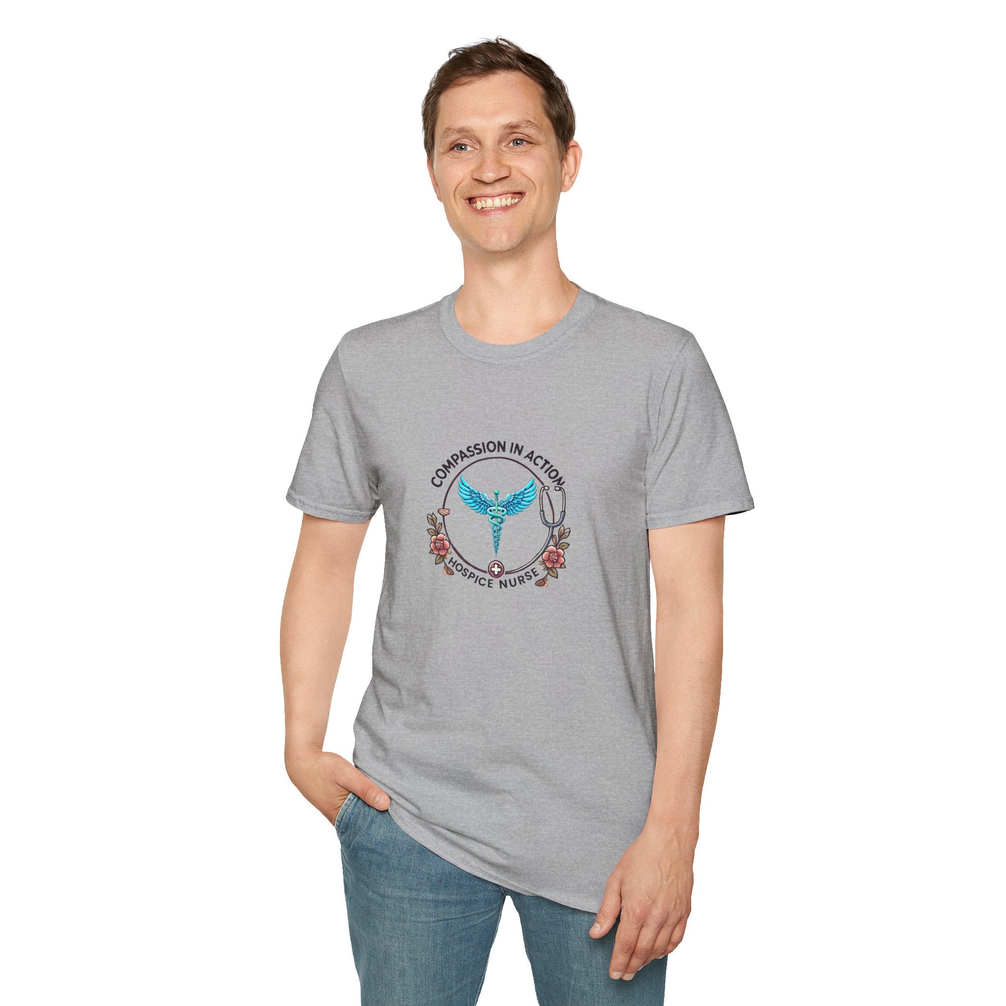 Hospice nurse t-shirt featuring the phrase 'Compassion in Action' with a medical caduceus symbol, flowers, and stethoscope graphic. Ideal for hospice nurses who bring compassion and care to their work.