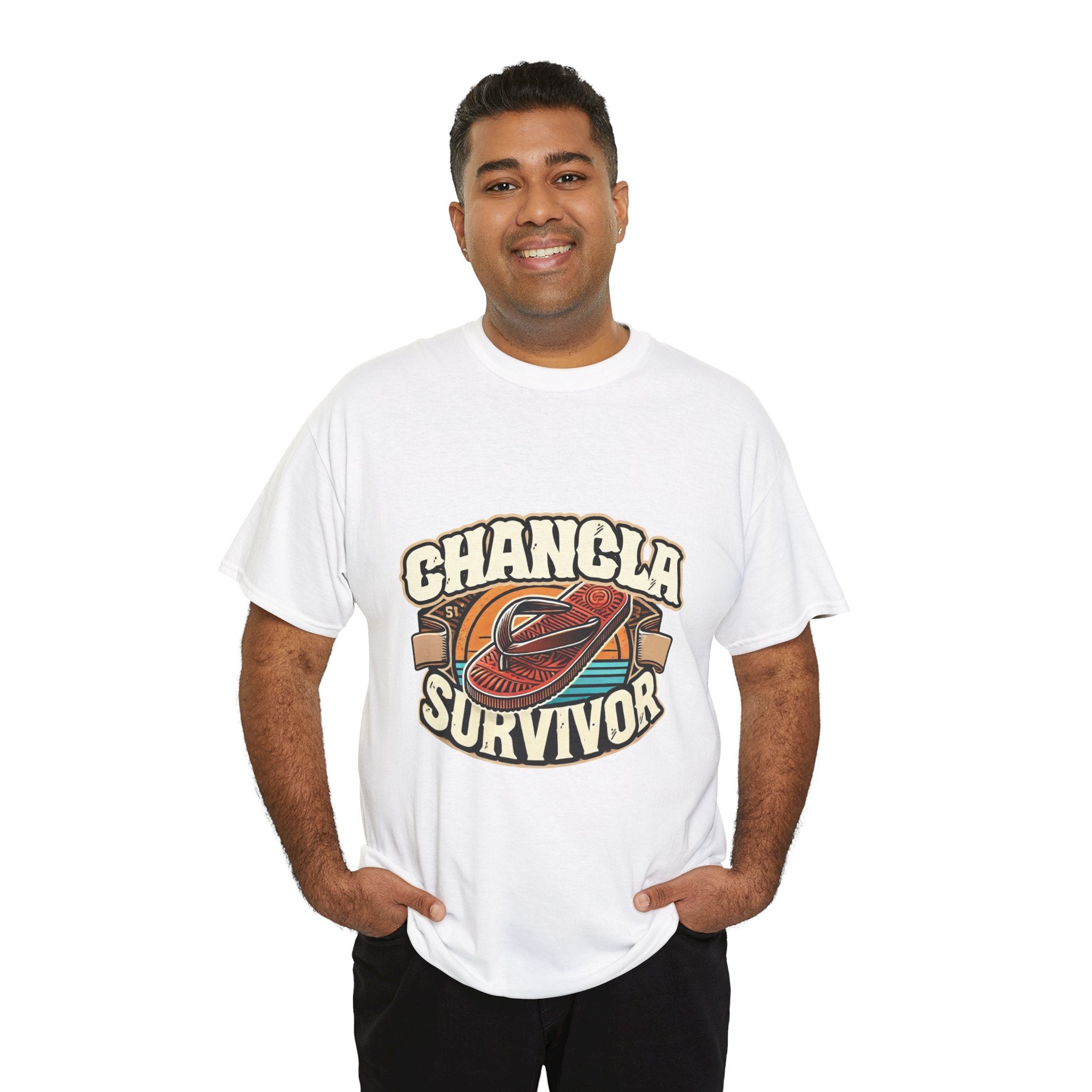 Funny Mexican t-shirt featuring the phrase 'Chancla Survivor. White T-shirt featuring a retro-inspired 'Chancla Survivor' design with a graphic of a traditional sandal. Perfect for those with a sense of humor about family discipline and nostalgic cultural references.
