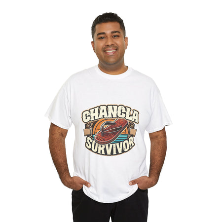 Funny Mexican t-shirt featuring the phrase 'Chancla Survivor. White T-shirt featuring a retro-inspired 'Chancla Survivor' design with a graphic of a traditional sandal. Perfect for those with a sense of humor about family discipline and nostalgic cultural references.