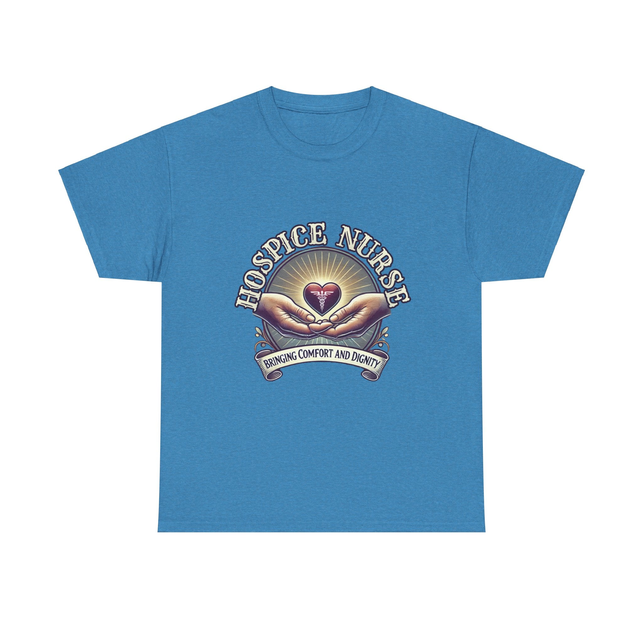 Hospice nurse t-shirt featuring a compassionate design with hands holding a heart and the phrase 'Bringing Comfort and Dignity,' symbolizing the care and support provided by hospice nurses. Ideal for hospice nurses who are dedicated to their mission.