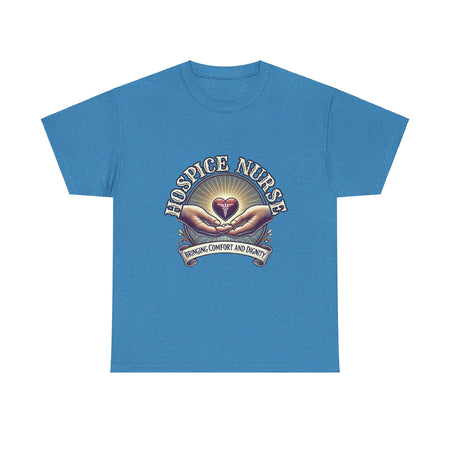 Hospice nurse t-shirt featuring a compassionate design with hands holding a heart and the phrase 'Bringing Comfort and Dignity,' symbolizing the care and support provided by hospice nurses. Ideal for hospice nurses who are dedicated to their mission.