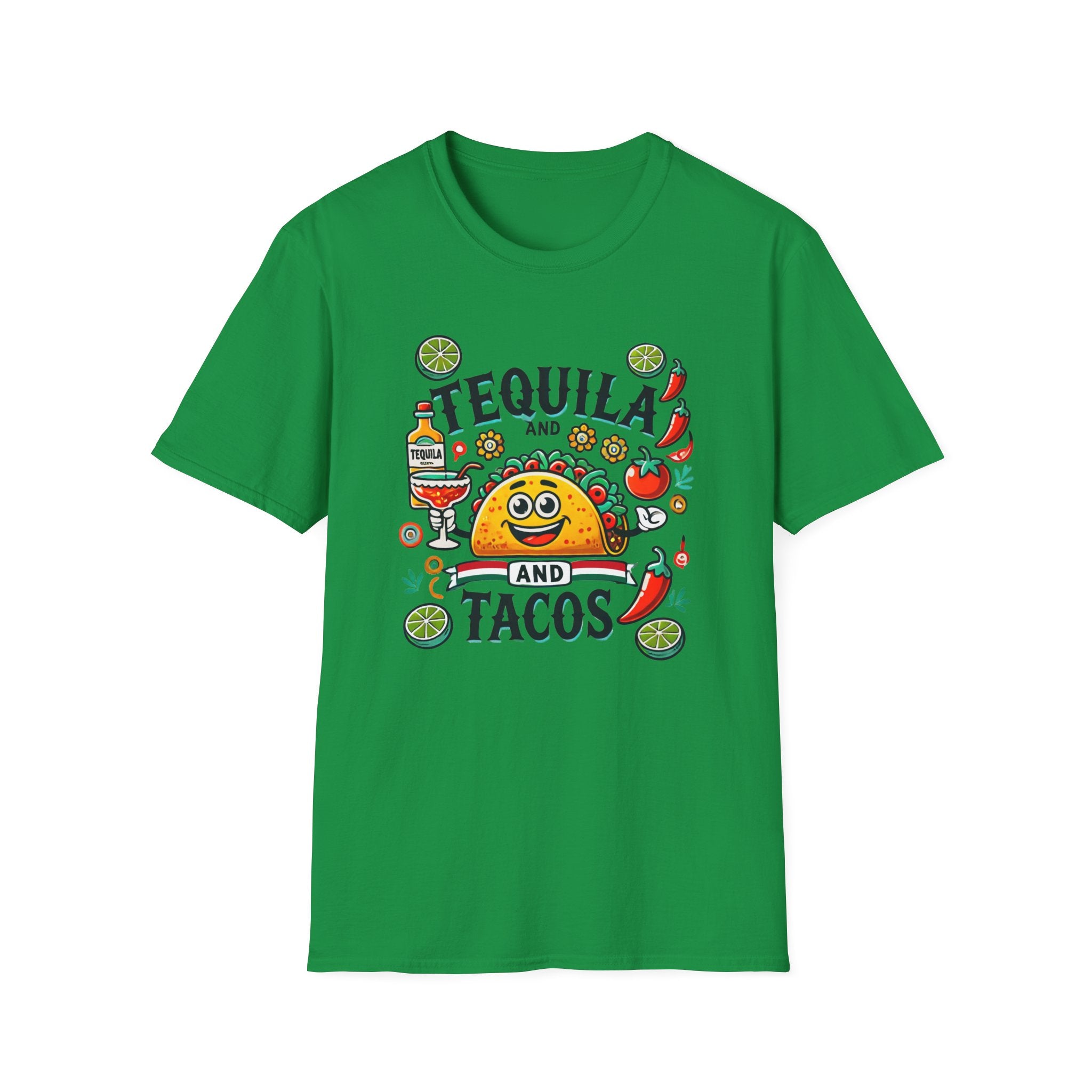 Irish Green T-shirt featuring a festive 'Tequila and Tacos' design with a smiling taco character, tequila bottle, margarita glass, lime slices, and chili peppers. Perfect for celebrating fiestas and taco nights with a fun and lively style.