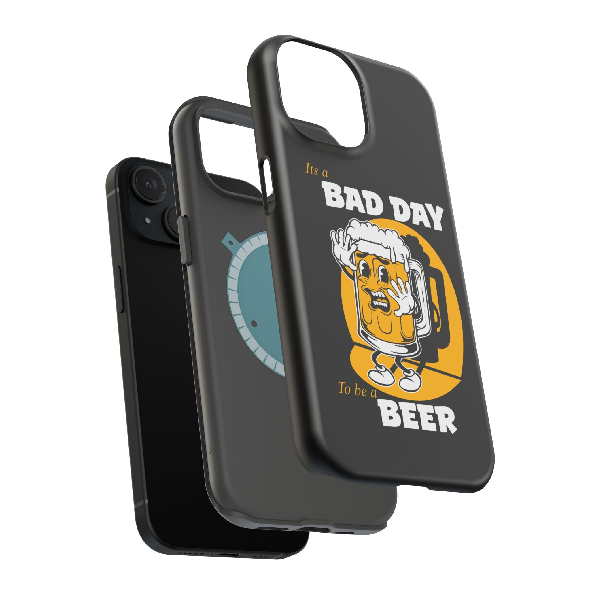 It's a Bad Day to Be a Beer Magnetic Tough Phone Case - Black case with humorous beer character design. Dual-layer protection with polycarbonate shell and flexible TPU lining. Compatible with MagSafe® accessories. Fun, durable phone case for beer lovers.