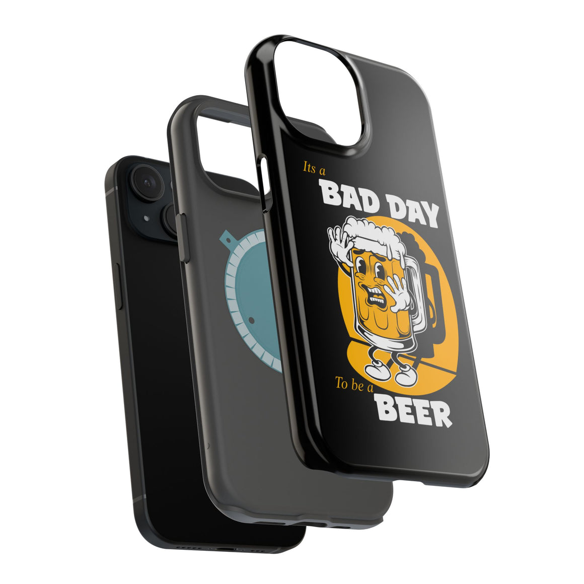 It's a Bad Day to Be a Beer Magnetic Tough Phone Case - Black case with humorous beer character design. Dual-layer protection with polycarbonate shell and flexible TPU lining. Compatible with MagSafe® accessories. Fun, durable phone case for beer lovers.