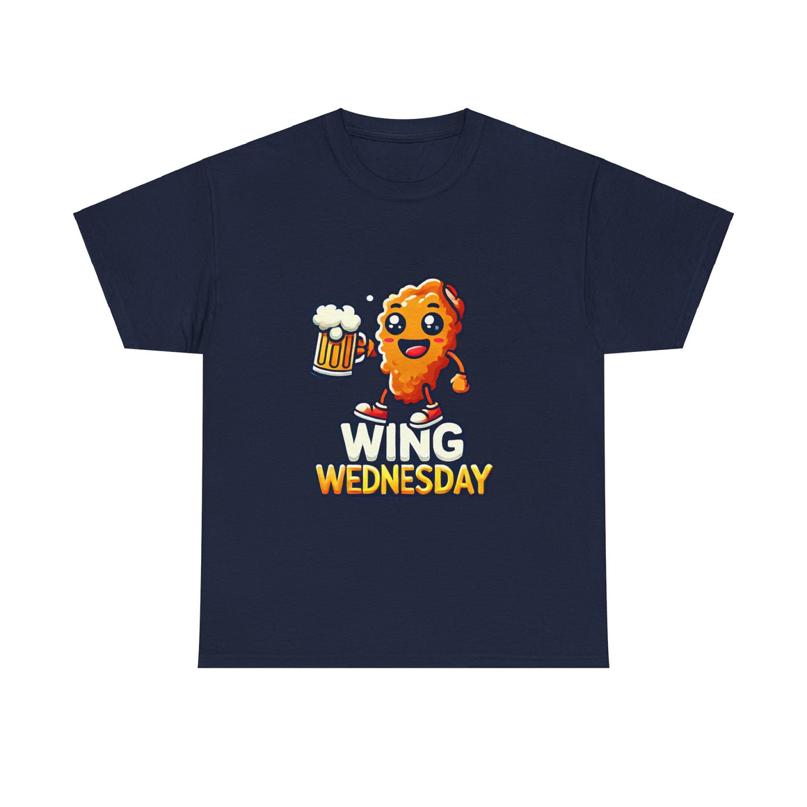 Wing Wednesday' t-shirt featuring a cheerful, cartoon-style chicken wing character holding a beer mug. Perfect for those who love celebrating Wing Wednesday with a fun and playful design.