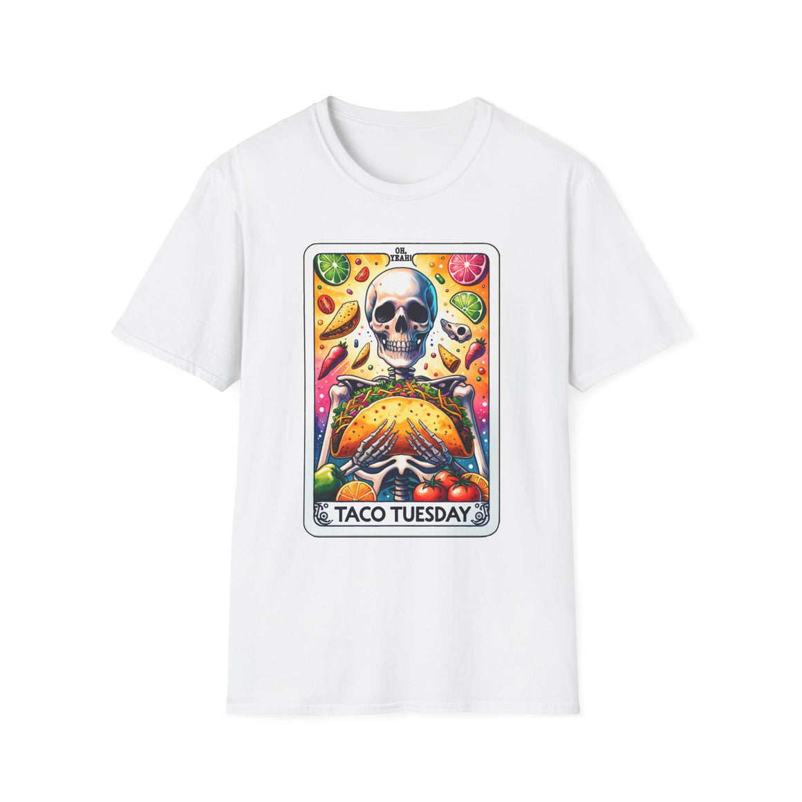 White T-shirt with a unique 'Taco Tuesday' design featuring a skeleton holding a large taco, surrounded by vibrant ingredients like lime slices, chili peppers, and tomatoes. Perfect for those who enjoy a fun, slightly edgy take on Taco Tuesday.