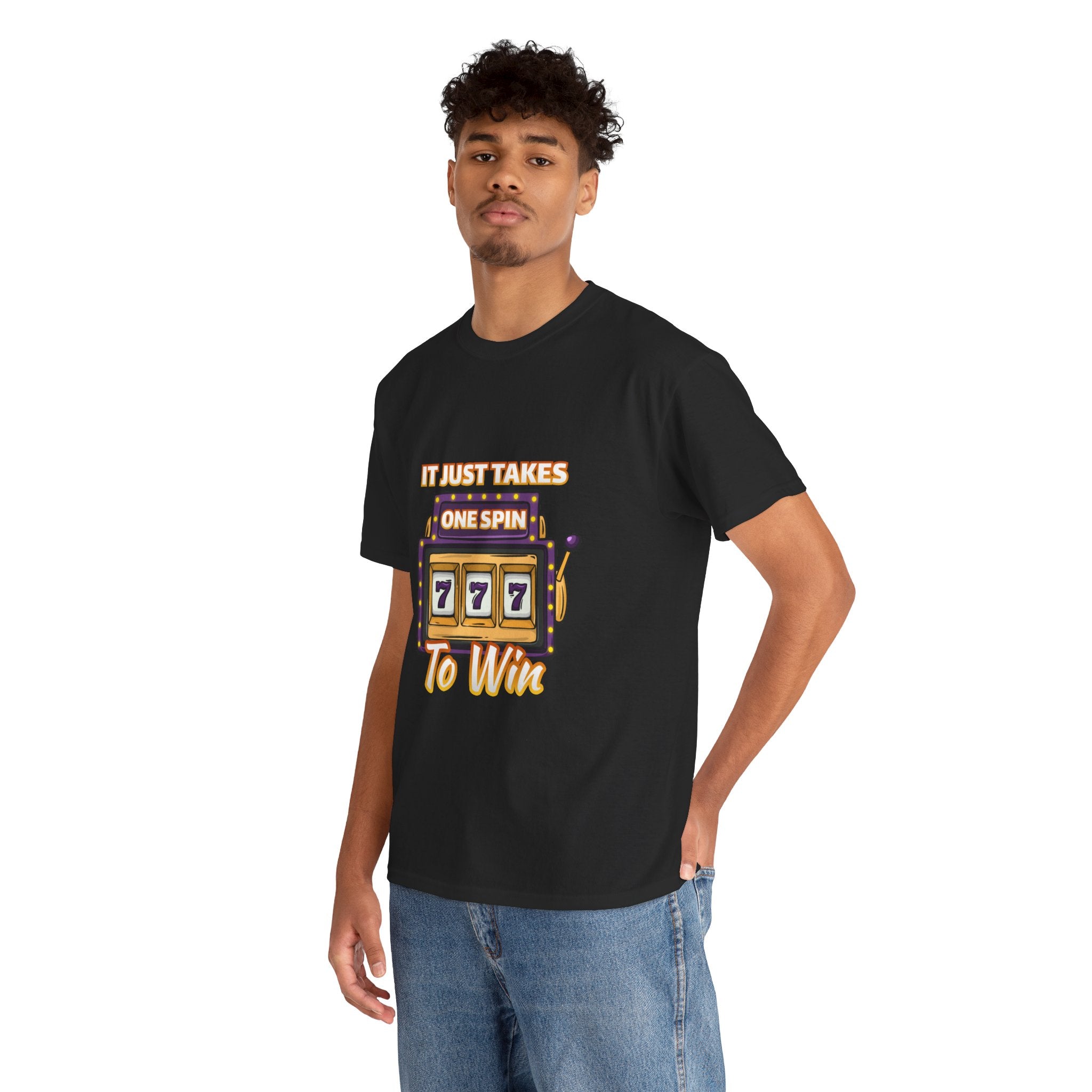 Person wearing a black t-shirt with the text "It Just Takes One Spin To Win" and a slot machine illustration showing triple sevens. This is one of the popular gambling style shirts funny and perfect for anyone who loves casino humor and the thrill of winning.