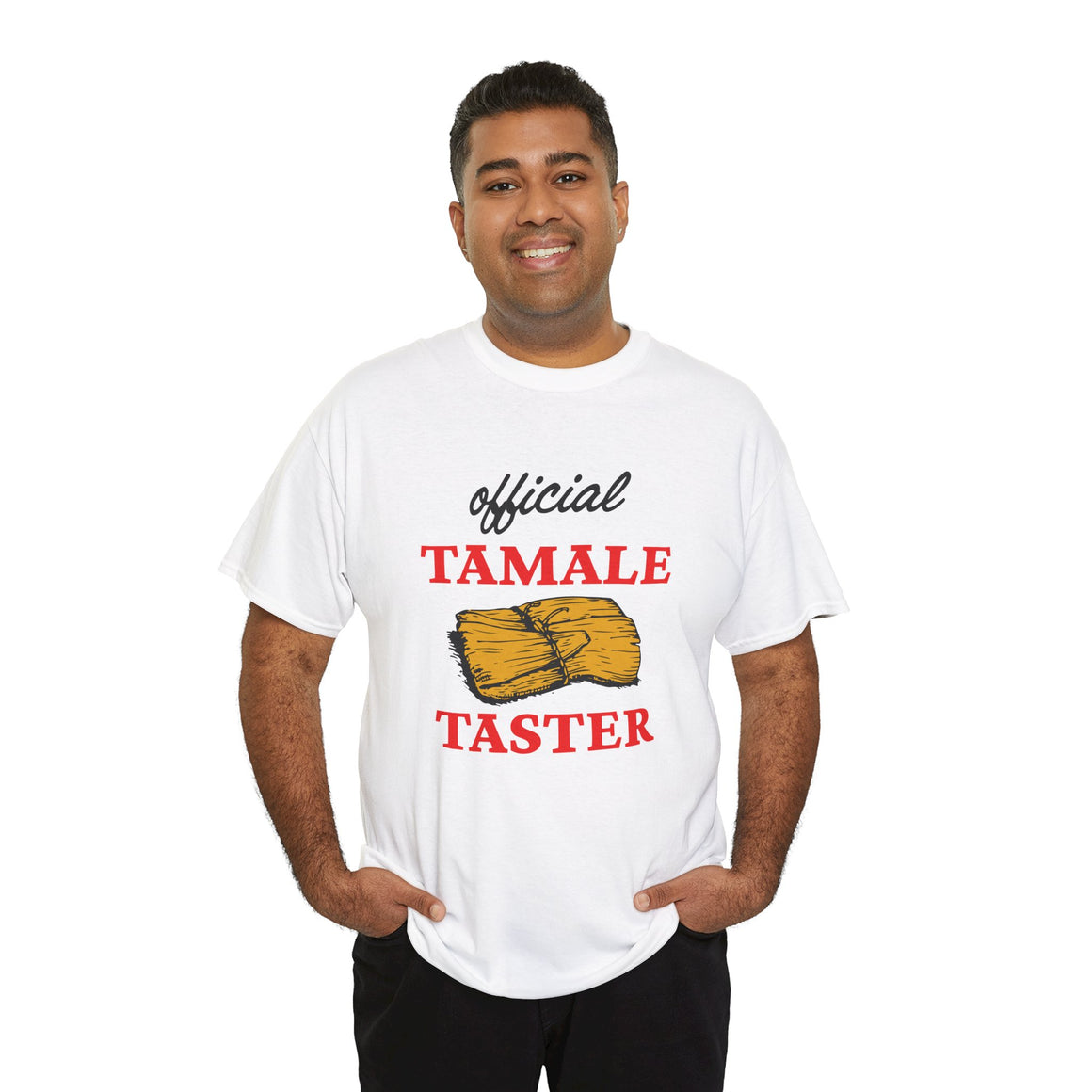 Smiling man wearing a white T-shirt with bold red text 'Official Tamale Taster' and a tamale graphic, perfect for funny Christmas shirts and holiday gatherings.