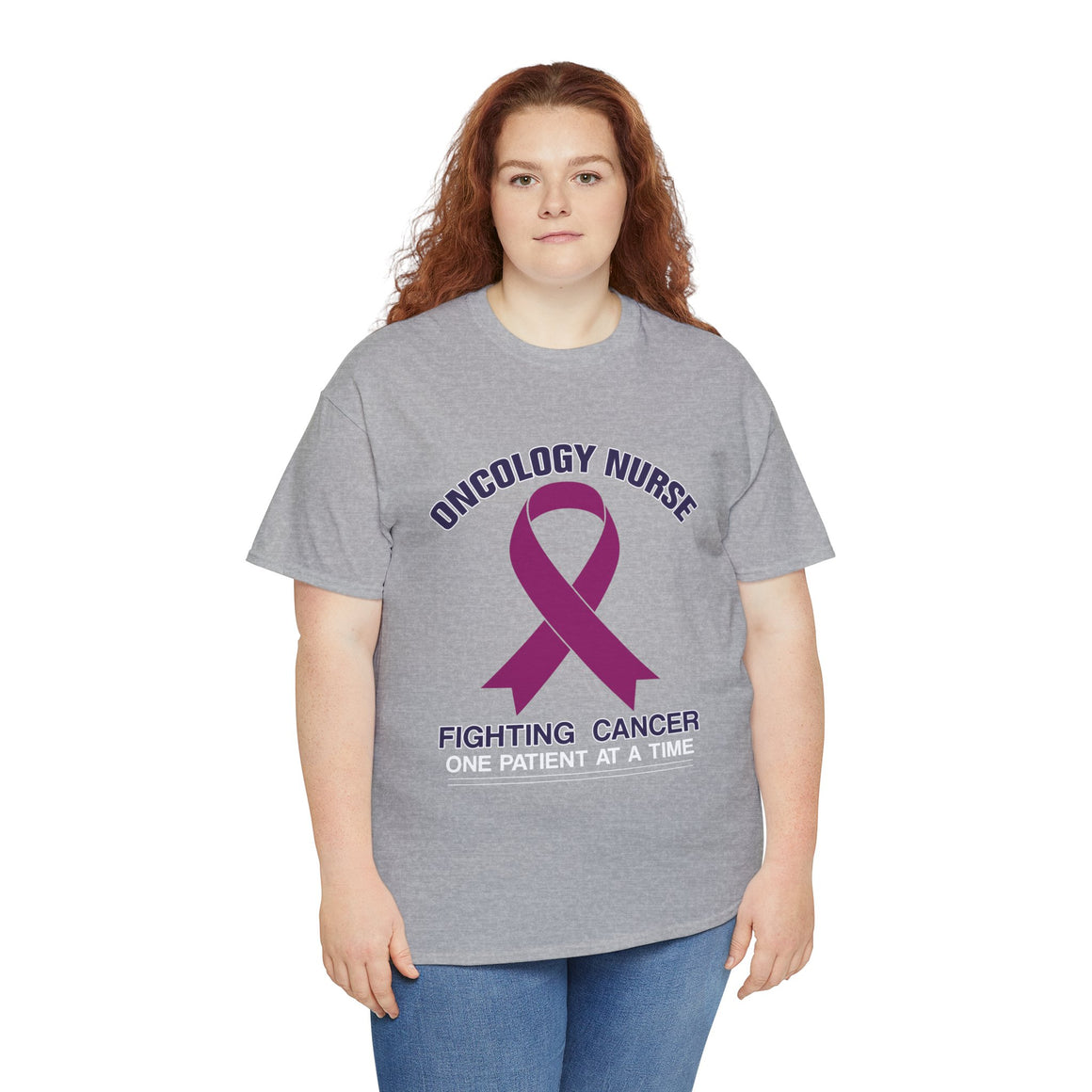 Close-up of a slate greyt-shirt with the words 'Oncology Nurse' and 'Fighting Cancer One Patient at a Time' alongside a purple cancer ribbon. This design is part of the oncology nurse t-shirt designs collection, symbolizing strength and dedication to patient care.