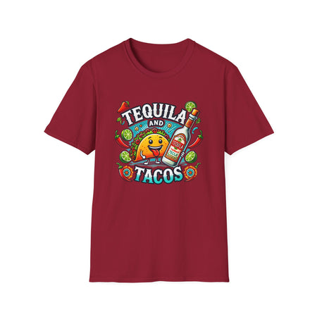 Red T-shirt featuring a lively 'Tequila and Tacos' design with a cheerful taco character, tequila bottle, lime slices, chili peppers, and festive decorations. Ideal for taco lovers and tequila fans who enjoy a fun, fiesta-inspired look.