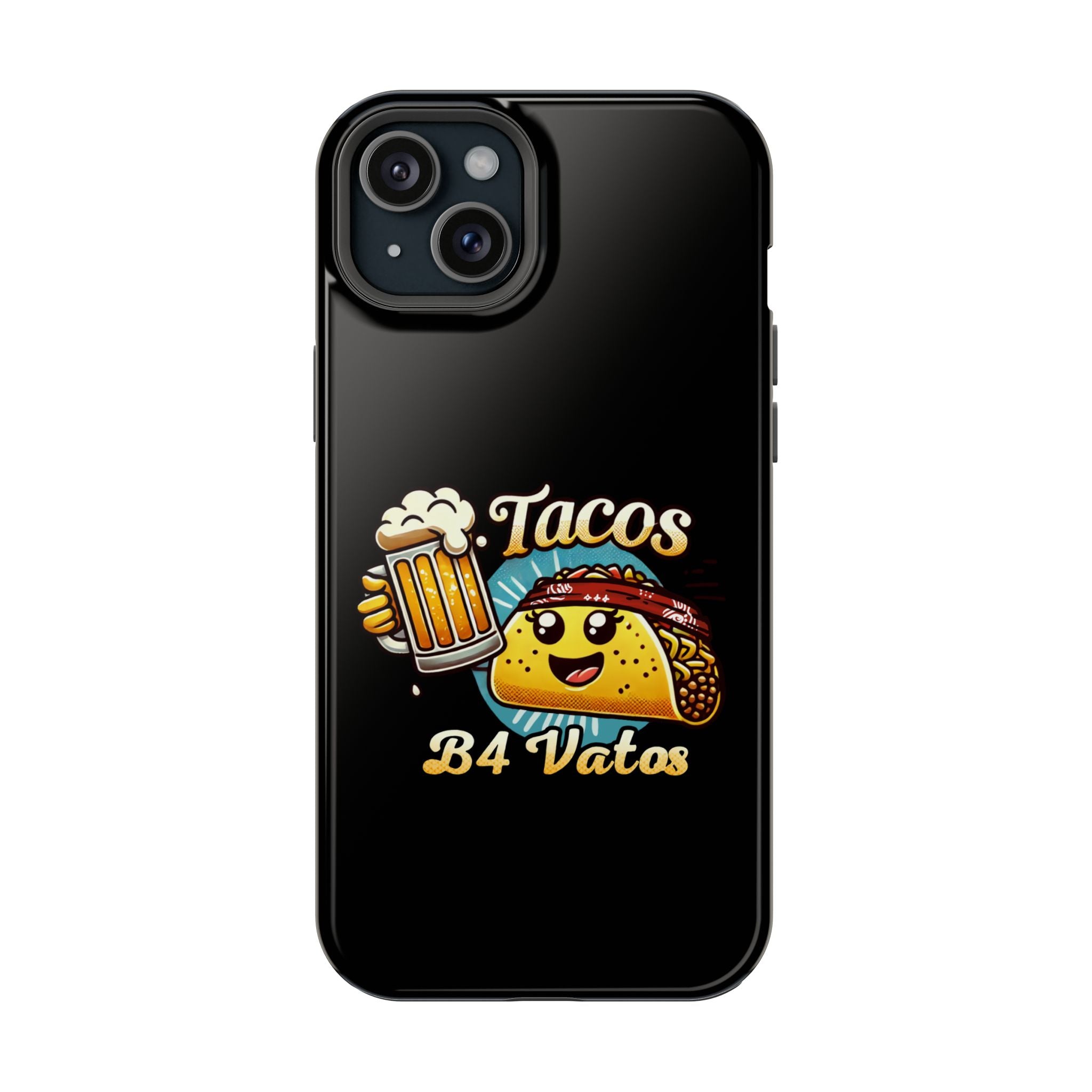 Black iPhone 16 magnetic phone case featuring a playful 'Tacos B4 Vatos' design with a cheerful taco character holding a frothy beer mug. Perfect for taco lovers who want a fun and unique phone accessory.