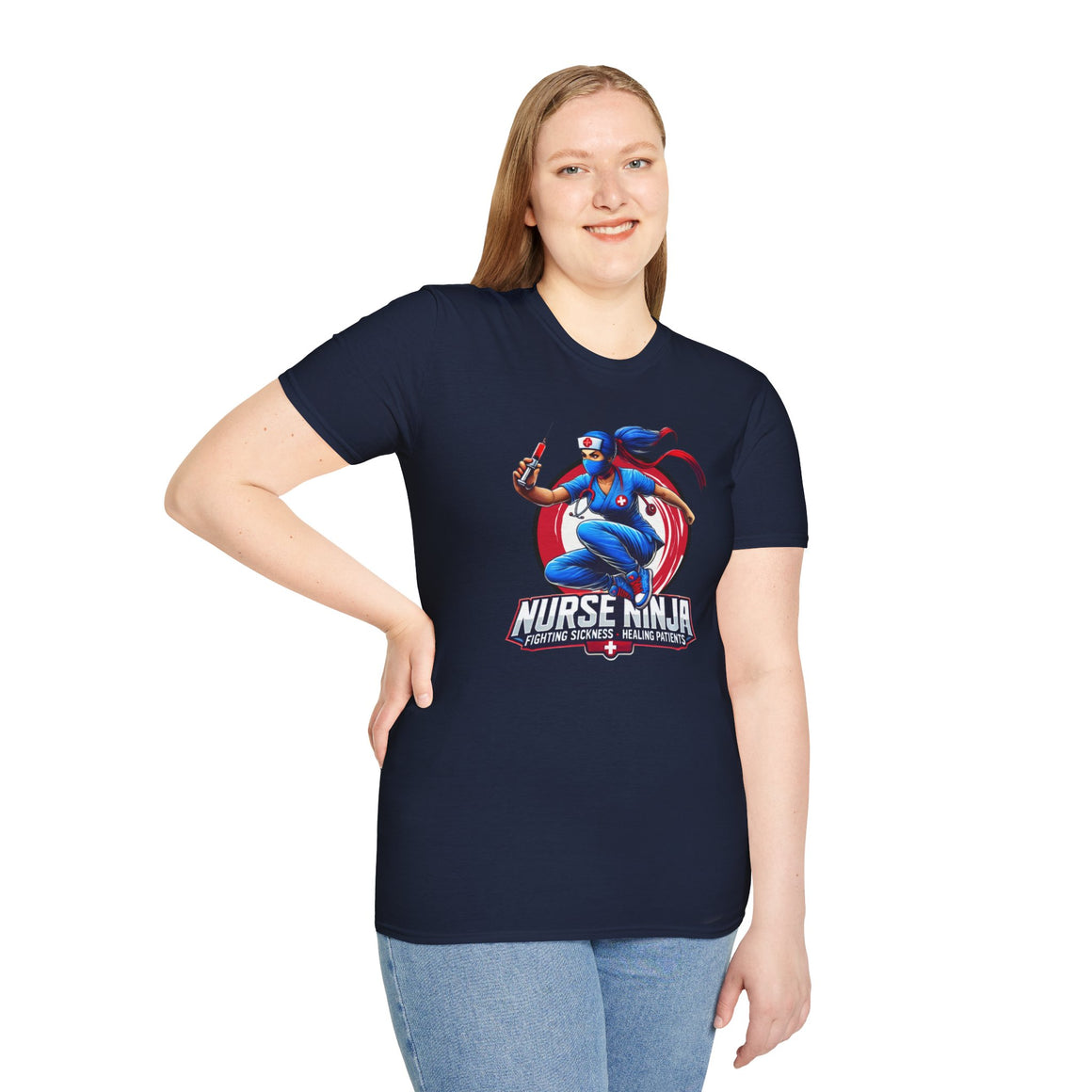 A T-shirt  featuring one of the Nurse Ninja t-shirt designs, depicting a dynamic nurse dressed as a ninja holding a syringe. The graphic includes the text "Nurse Ninja - Fighting Sickness, Healing Patients," showcasing a bold and heroic theme, perfect for healthcare professionals.