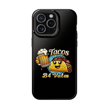 Black iPhone 16 magnetic phone case featuring a playful 'Tacos B4 Vatos' design with a cheerful taco character holding a frothy beer mug. Perfect for taco lovers who want a fun and unique phone accessory.
