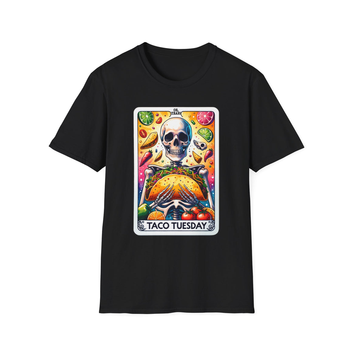 Black T-shirt with a unique 'Taco Tuesday' design featuring a skeleton holding a large taco, surrounded by vibrant ingredients like lime slices, chili peppers, and tomatoes. Perfect for those who enjoy a fun, slightly edgy take on Taco Tuesday.