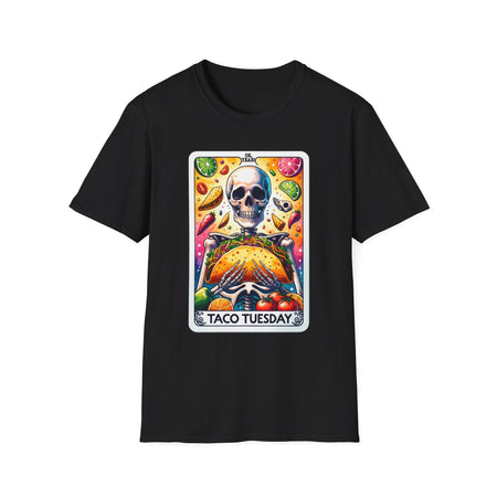Black T-shirt with a unique 'Taco Tuesday' design featuring a skeleton holding a large taco, surrounded by vibrant ingredients like lime slices, chili peppers, and tomatoes. Perfect for those who enjoy a fun, slightly edgy take on Taco Tuesday.