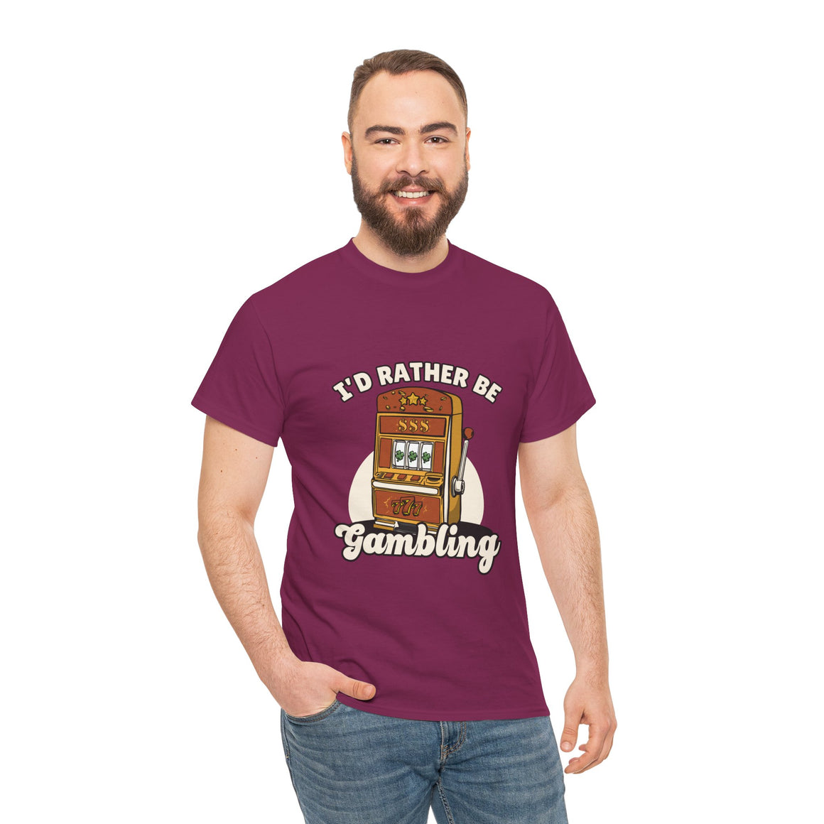 Person wearing a maroon t-shirt with the text "I'd Rather Be Gambling" and an illustration of a slot machine. This funny casino game shirt is perfect for anyone who loves gambling humor and casino-inspired designs