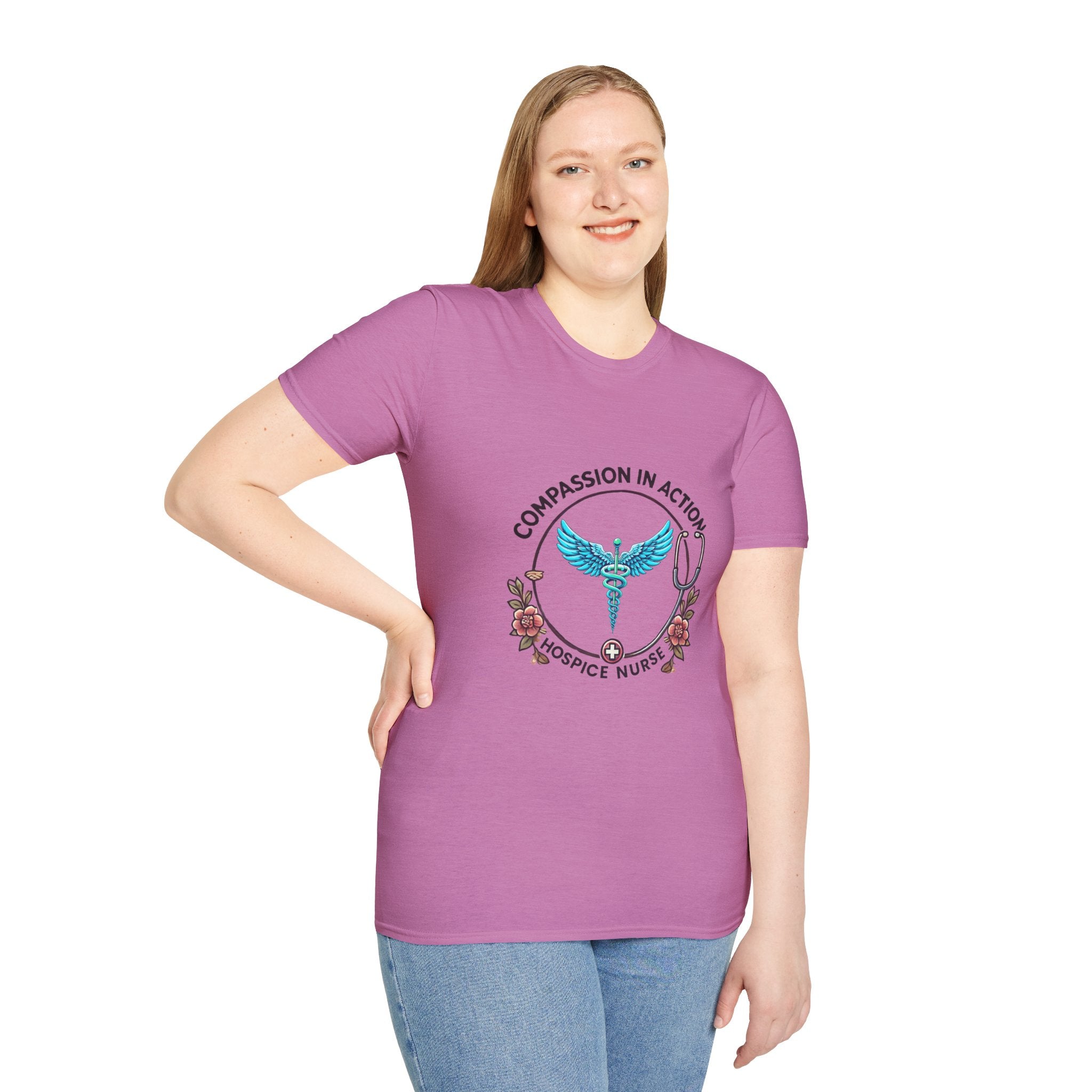 Hospice nurse t-shirt featuring the phrase 'Compassion in Action' with a medical caduceus symbol, flowers, and stethoscope graphic. Ideal for hospice nurses who bring compassion and care to their work.