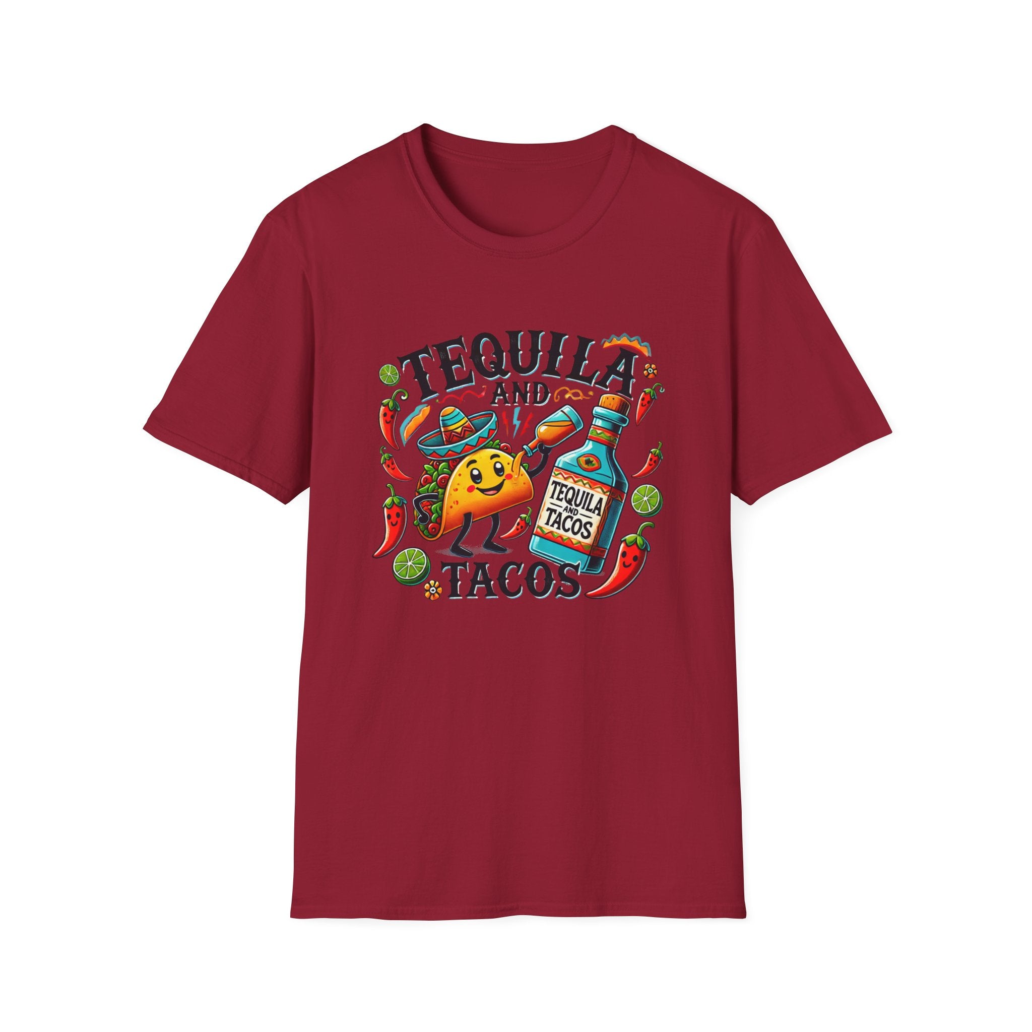 Red T-shirt with a fun 'Tequila and Tacos' design featuring a cheerful taco character, tequila bottle, lime slices, chili peppers, and festive elements. Perfect for taco and tequila enthusiasts who enjoy celebrating with a vibrant, fiesta-inspired style.